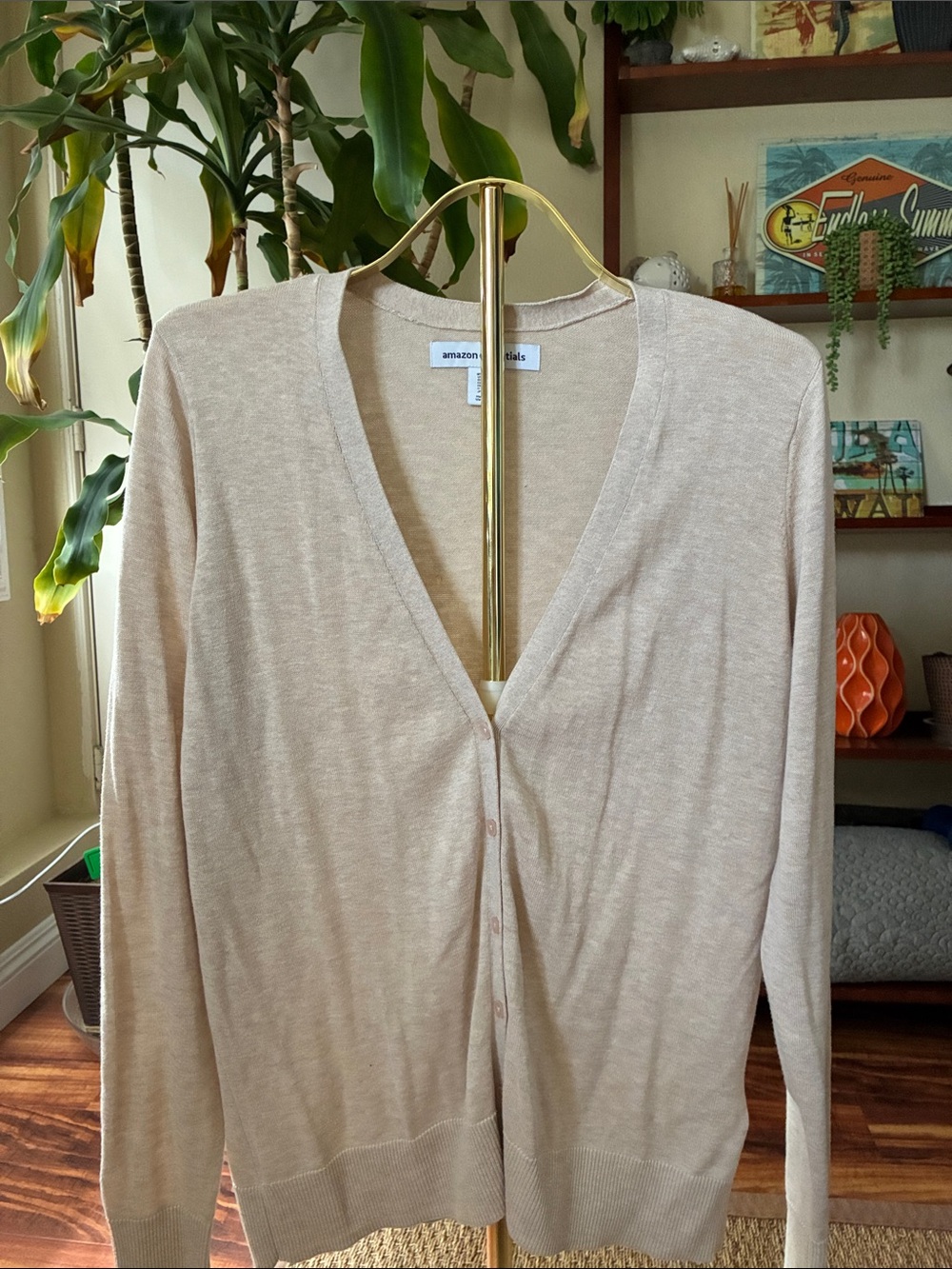 Amazon Essentials Women's Light Beige V-Neck Button Cardigan